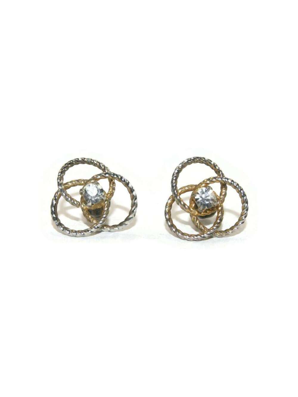 Vintage Textured Gold Tone with Rhinestones 3 Circle Stud Earrings.
